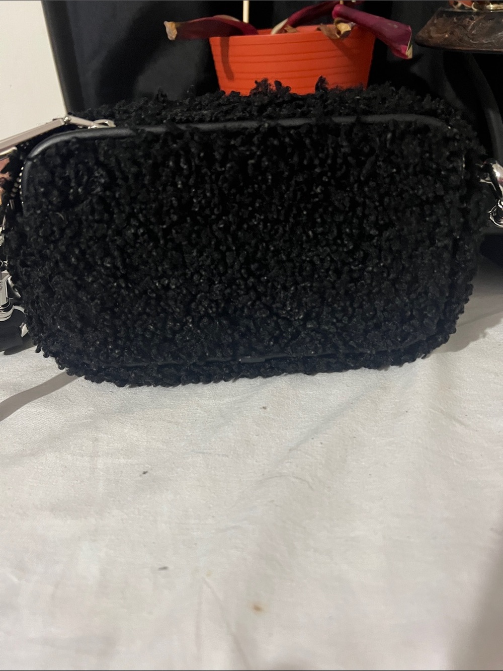 Black Shearling Crossbody Bag with Wide Logo Strap - Picture 3 of 9